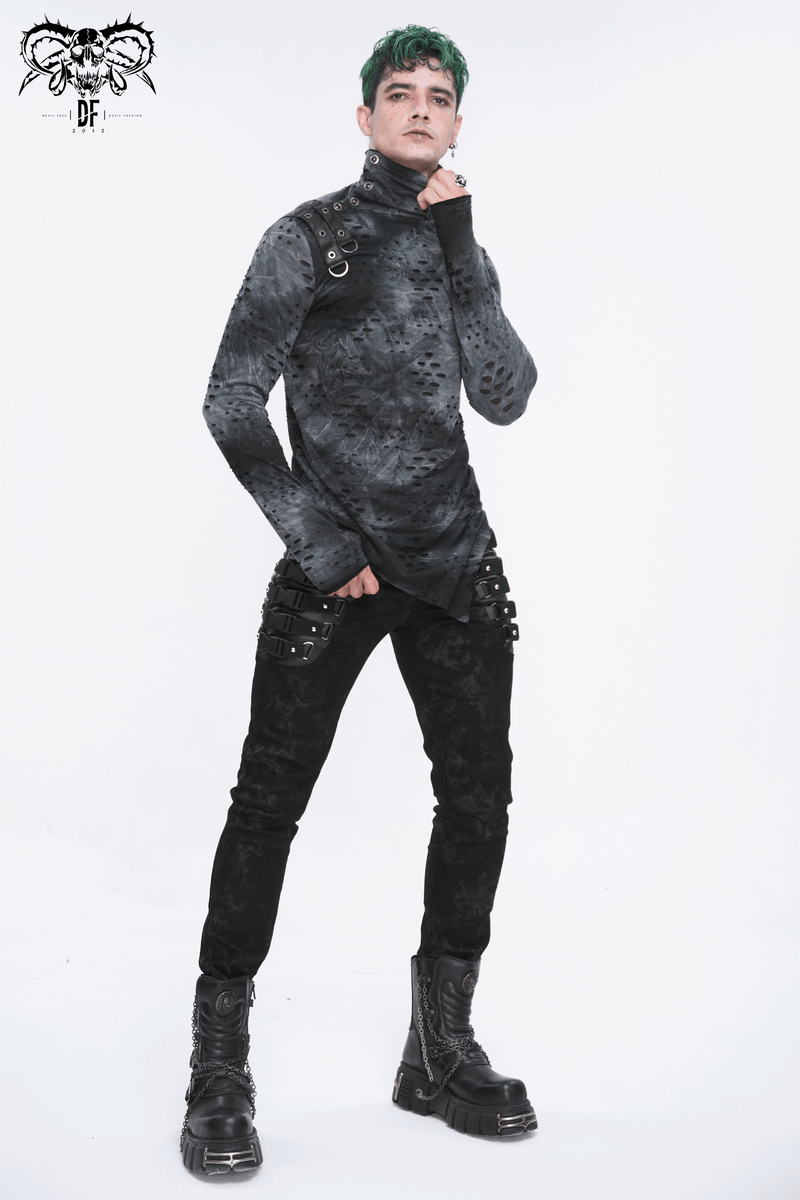Men's asymmetrical textured top with high neck and buckles, showcasing edgy alternative fashion style.
