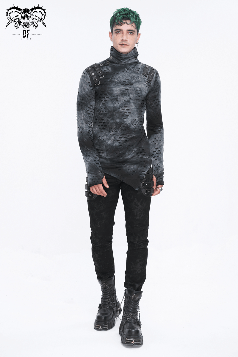 Men's asymmetrical textured top with high neck and buckles, showcasing alternative fashion style.