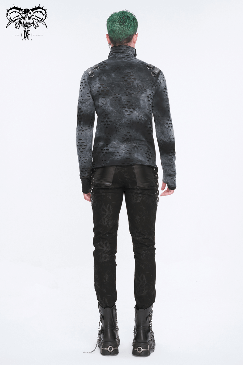 Men's asymmetrical textured top with high neck and buckles, showcasing edgy alternative fashion from the back.