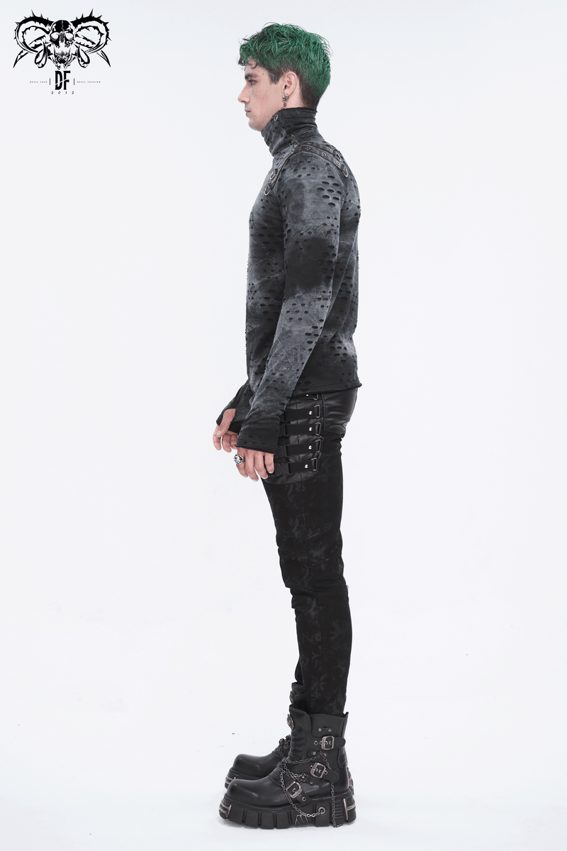 Men's Asymmetrical Textured Top with High Neck and Buckles - HARD'N'HEAVY