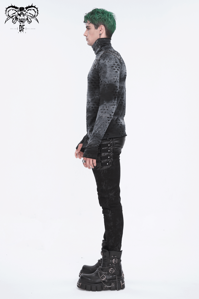 Men's asymmetrical textured top with high neck and buckles, showcasing alternative fashion style.