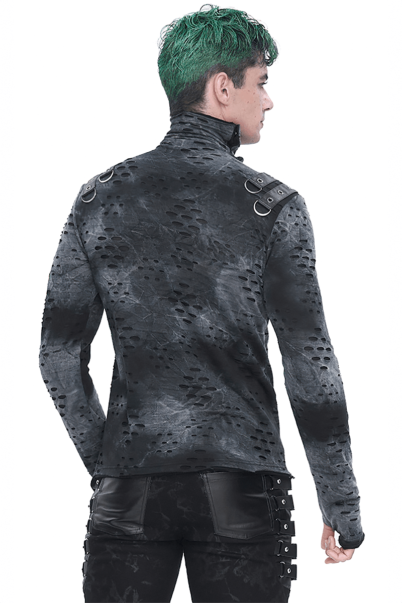 Men's asymmetrical textured top with high neck and buckles, showcasing a unique alternative fashion design.