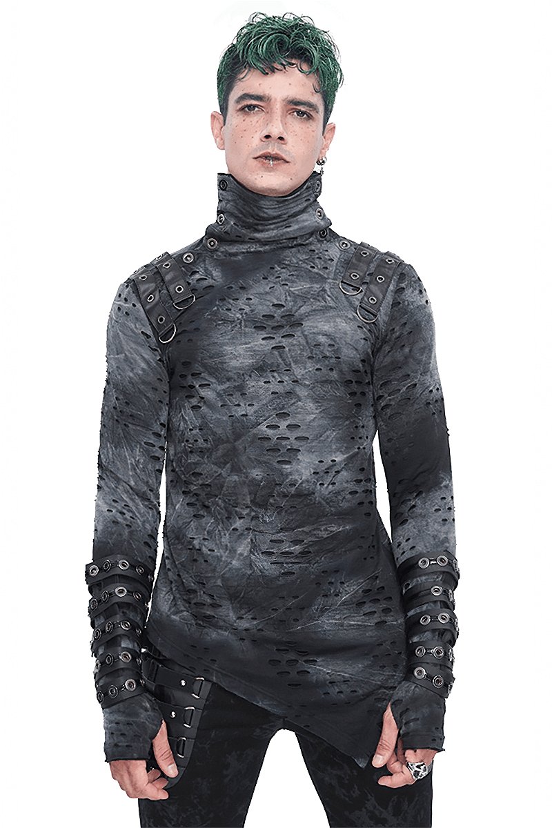 Men's asymmetrical textured top with high neck and adjustable buckles for an edgy fashion statement.