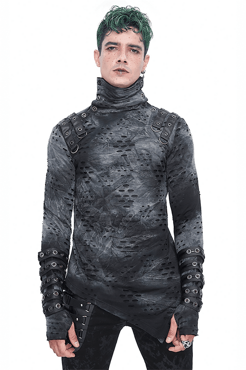 Men's Asymmetrical Textured Top with High Neck and Buckles