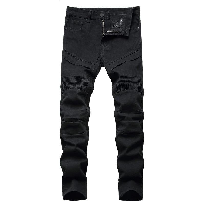 Men's Biker Jeans / Black and White Pleated Denim Pants / Slim Straight Classic Trousers - HARD'N'HEAVY