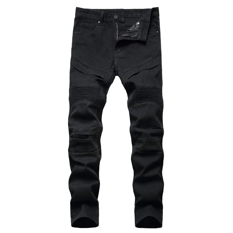 Men's black biker jeans with pleated details and slim straight fit, perfect for a stylish look.