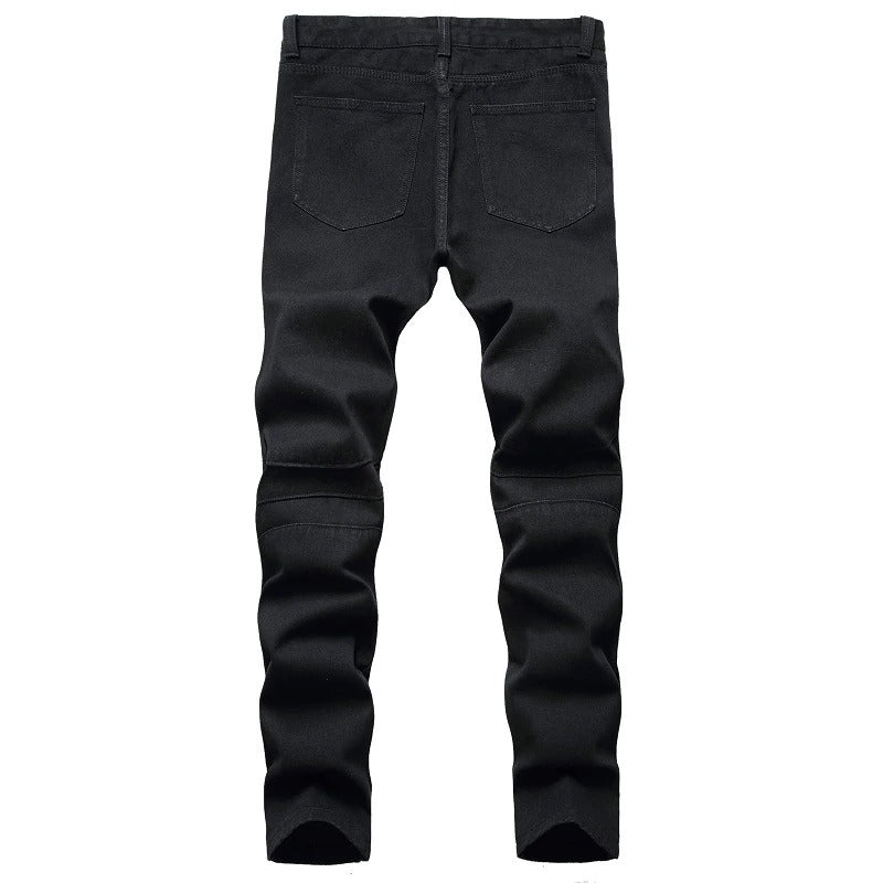Men's black biker jeans showcasing a stylish slim straight fit, ideal for a fashionable biker look.