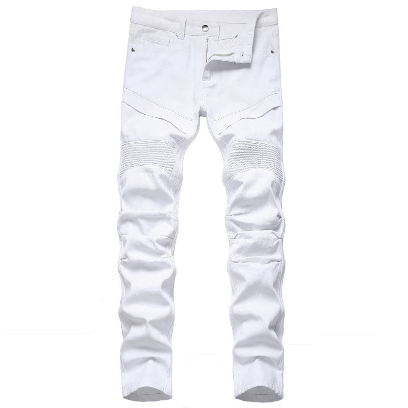 Men's white biker jeans with stylish pleats and slim fit, perfect for a trendy, edgy look.