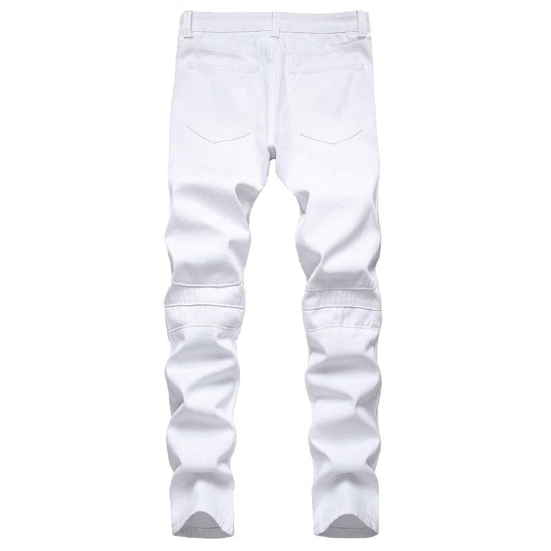Men's white biker jeans featuring a sleek slim fit and stylish design, perfect for a modern look.