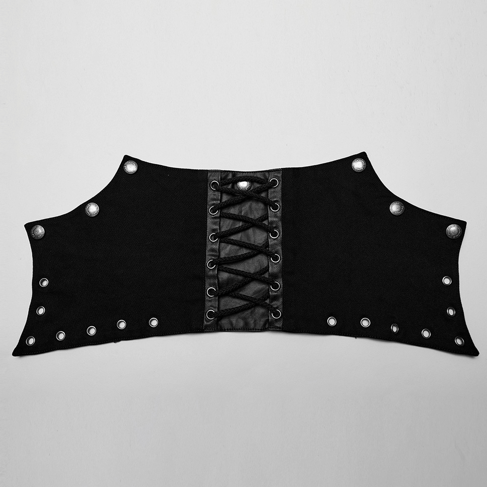 Detachable shoulder piece for men's black trench coat, featuring lacing and metal accents for a punk rock look.