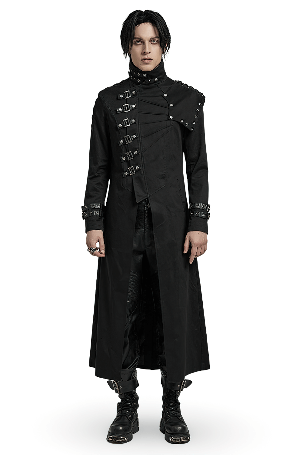 Men's black asymmetrical trench coat with buckles and detachable shoulder piece in punk style.