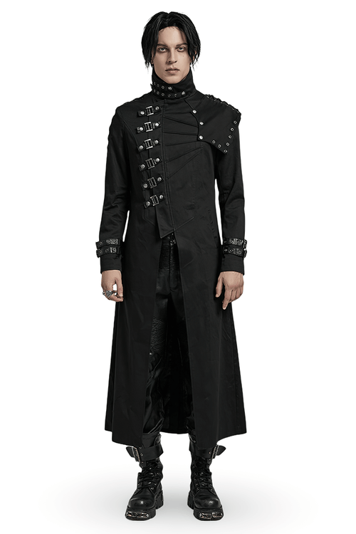 Schwarzer asymmetrischer Trenchcoat für Herren mit Schnallen