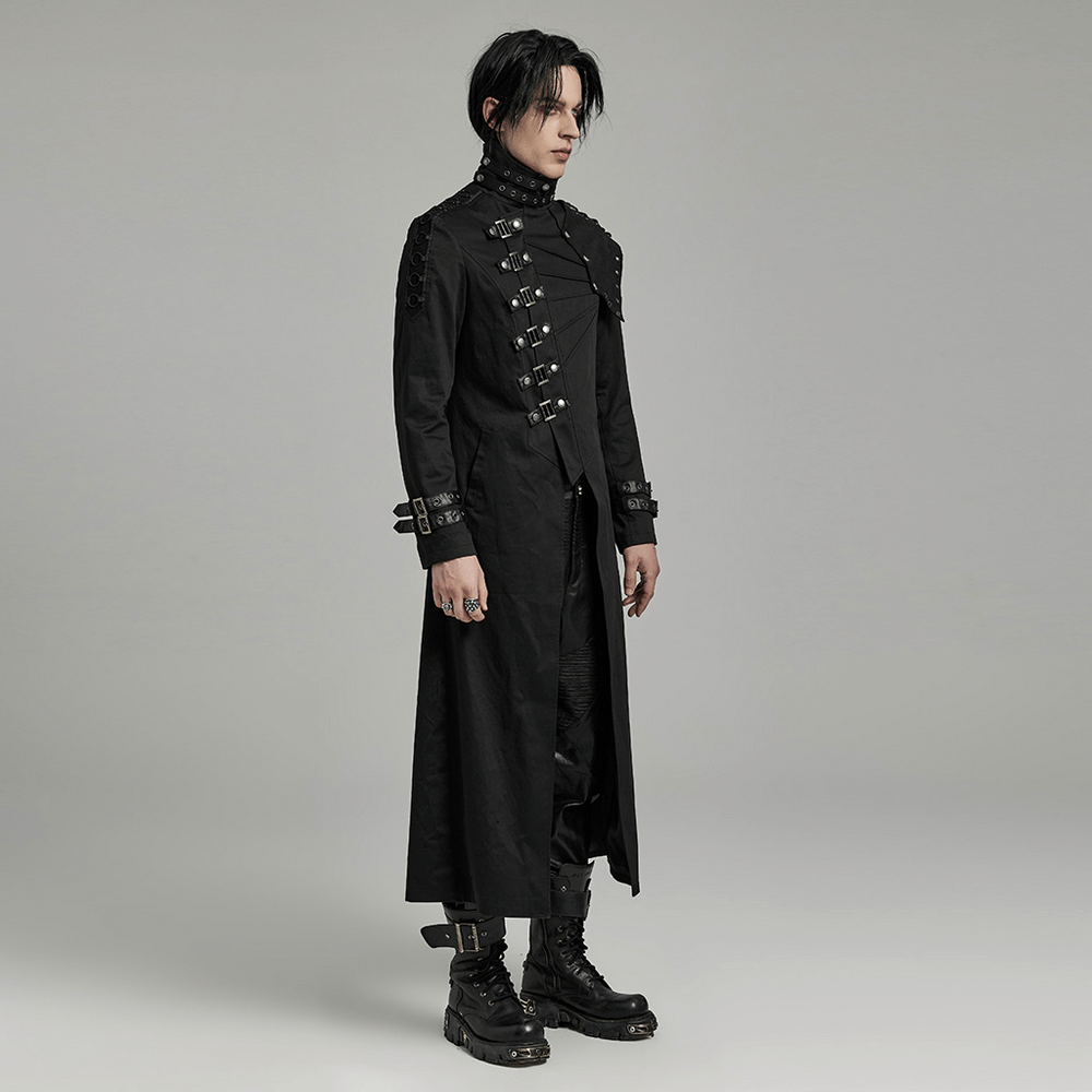 Men's black asymmetrical trench coat with buckles, featuring a high collar and punk rock style.