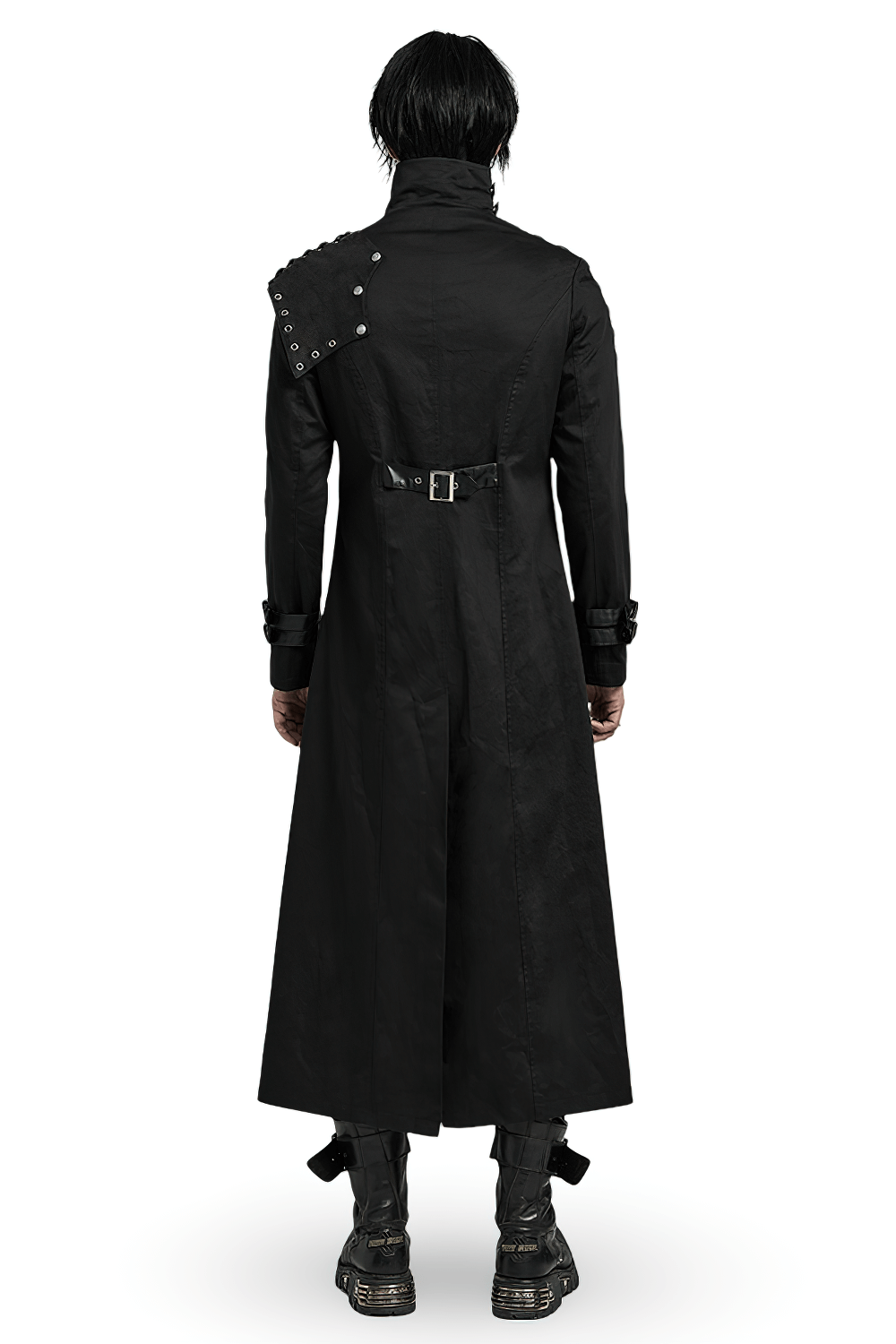 Men's Black Asymmetrical Trench Coat with Buckles