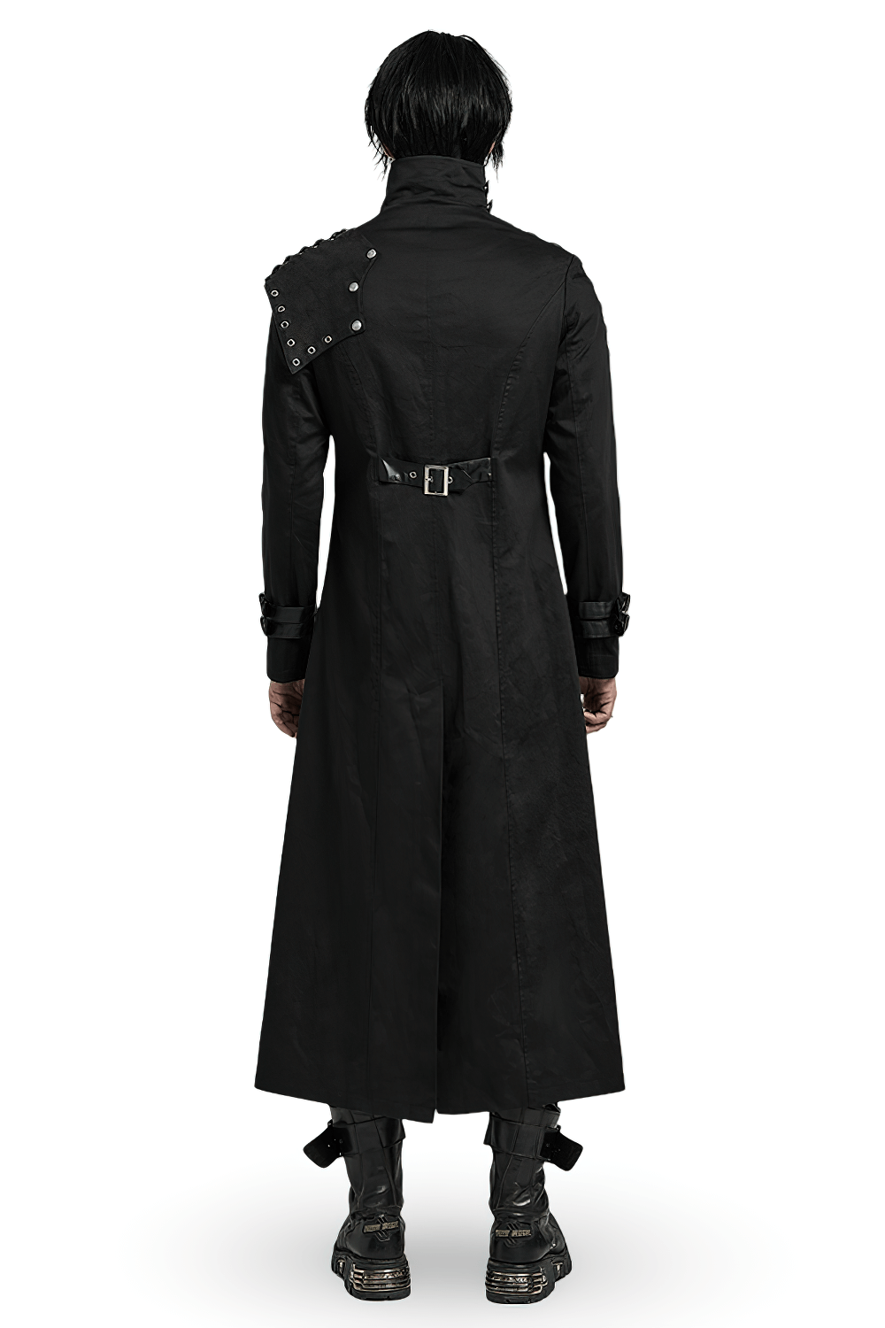 Men's black asymmetrical trench coat with buckles and detachable shoulder piece, showcasing a punk style from the back.