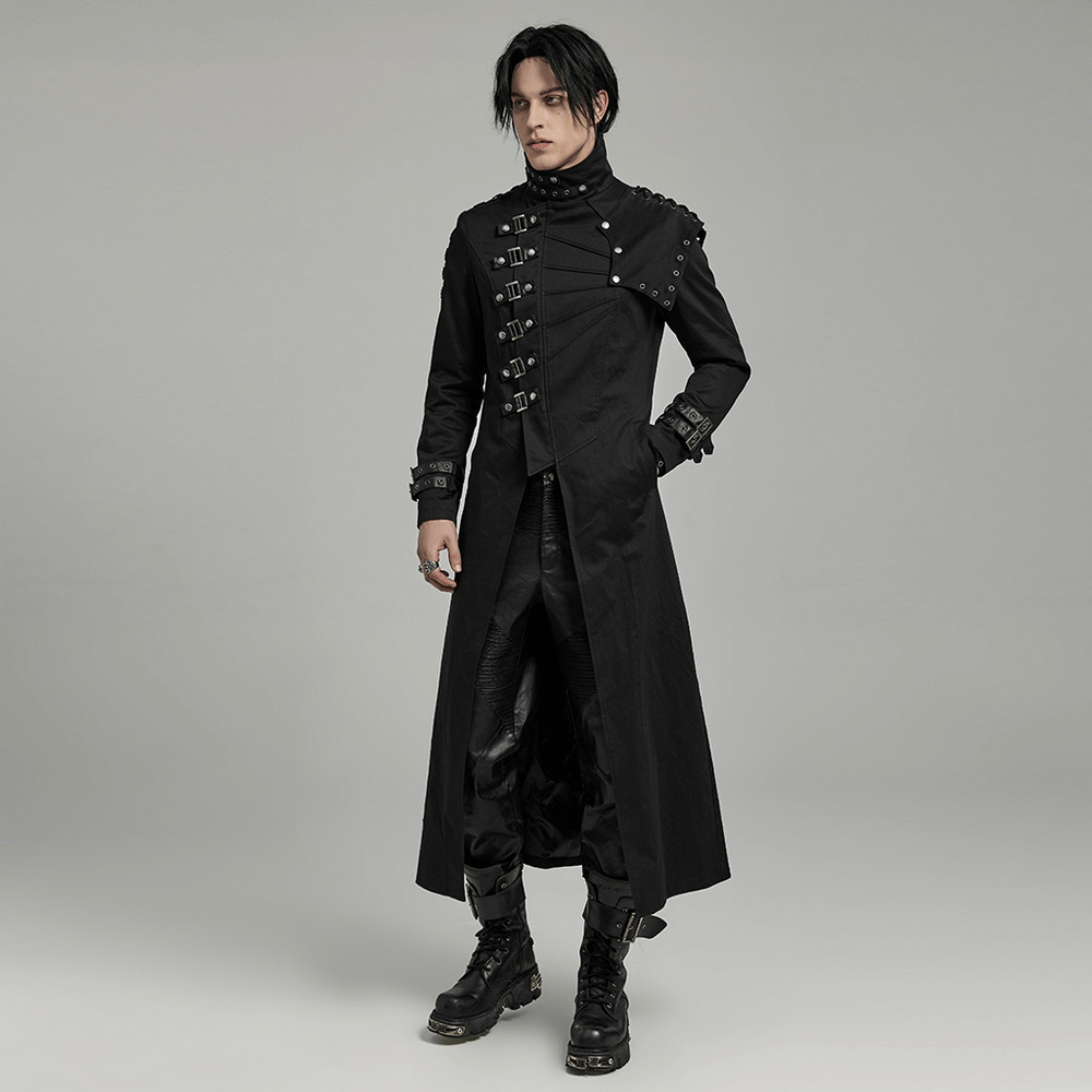Men's black asymmetrical trench coat with buckles, perfect for a punk rock look, featuring a high collar and detachable shoulder piece.