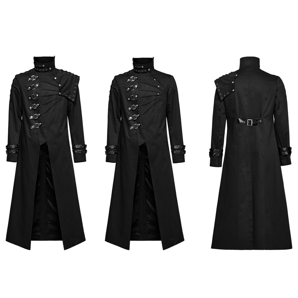 Men's black asymmetrical trench coat with buckles and detachable shoulder piece, perfect for punk rock style.