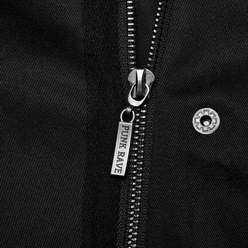 Close-up of a black zipper and Punk Rave tag on fabric, showcasing details of a men's punk trench coat.