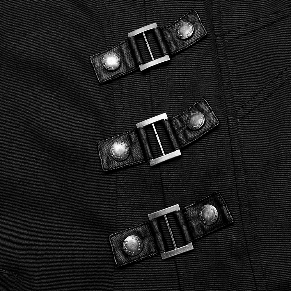 Close-up of buckles on a men's black asymmetrical trench coat, showcasing punk rock style and durable design.