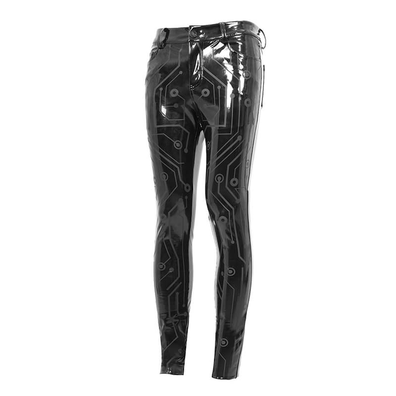 Men's black patent leather skinny pants with cyberpunk circuit print design, stylish and fitted for a modern look.