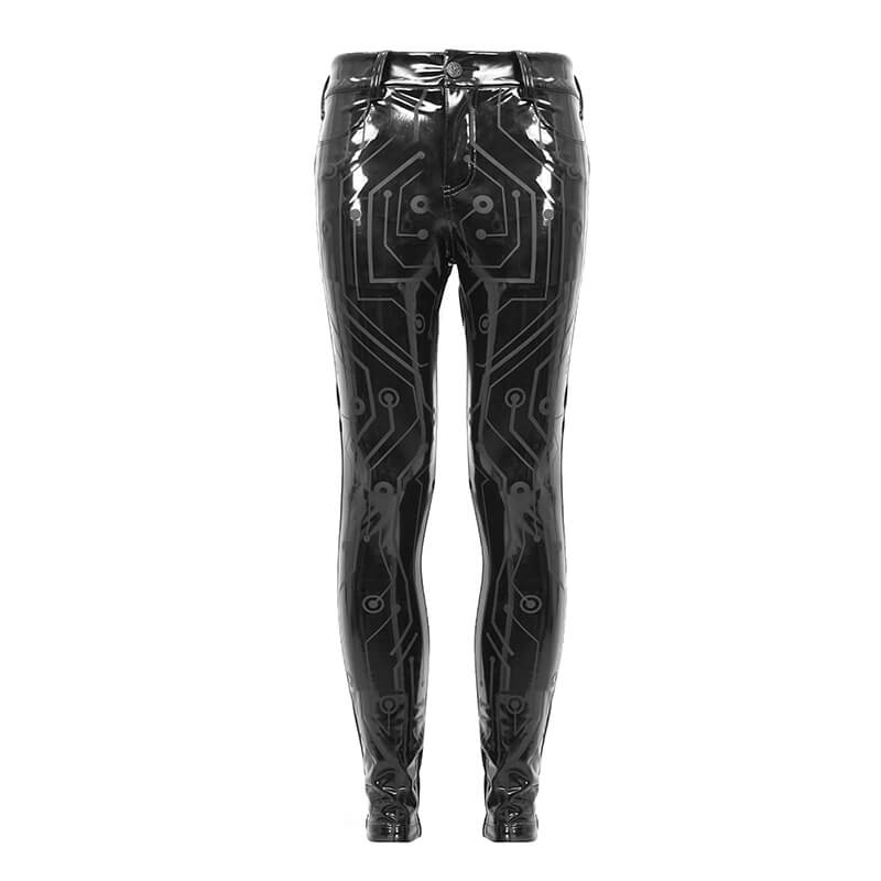 Men's black cyberpunk skinny pants in shiny PU leather with stylish circuit print design.