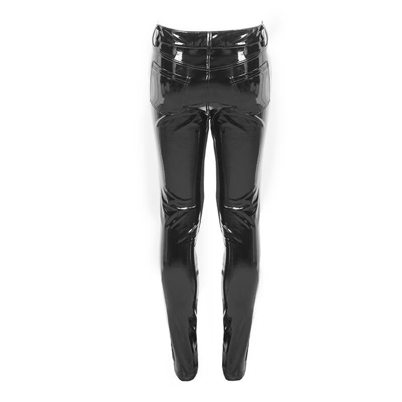 Men's black patent leather skinny pants in cyberpunk style, featuring a sleek design and eye-catching sheen.
