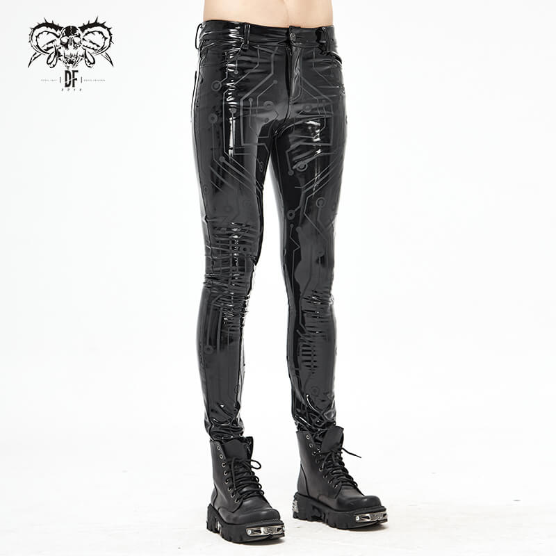 Men's black shiny PU leather skinny pants in cyberpunk style with stylish print, perfect for trendy outfits.