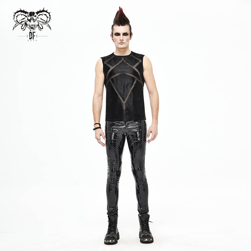 Men's cyberpunk style black PU leather skinny pants, tight-fitting cut, and trendy look for edgy fashion enthusiasts.