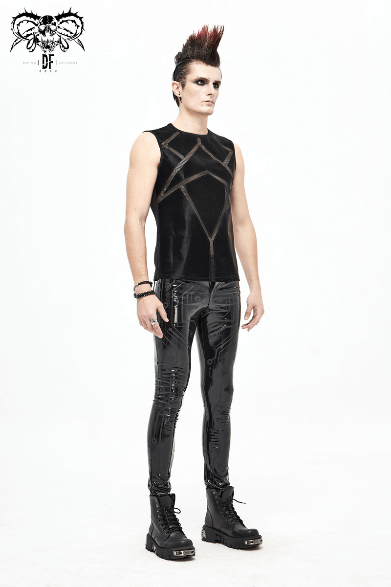 Stylish male model in black cyberpunk PU leather skinny pants, showcasing a bold fashion statement with a punk hairstyle.