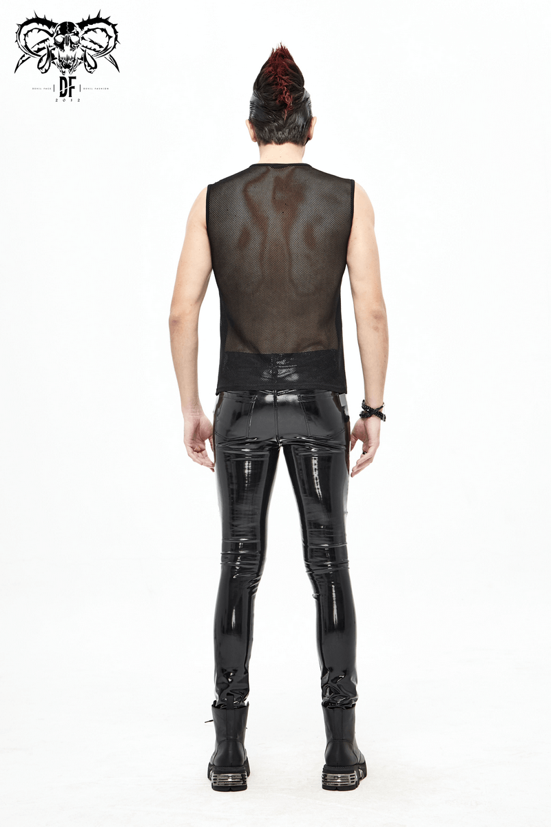 Stylish male model wearing black patent leather skinny pants and a sleeveless top, showcasing cyberpunk fashion.