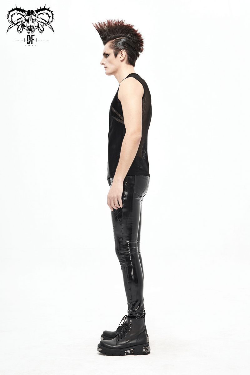 Stylish male model in punk attire wearing black PU leather skinny pants and combat boots, showcasing a cyberpunk vibe.