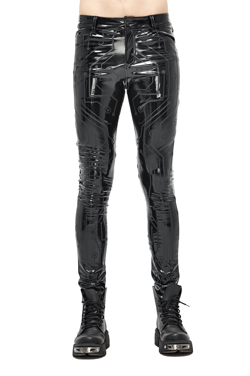 Men's Black Bright Pu Leather Skinny Pants / Cyberpunk Style Male Pencil Trousers - HARD'N'HEAVY