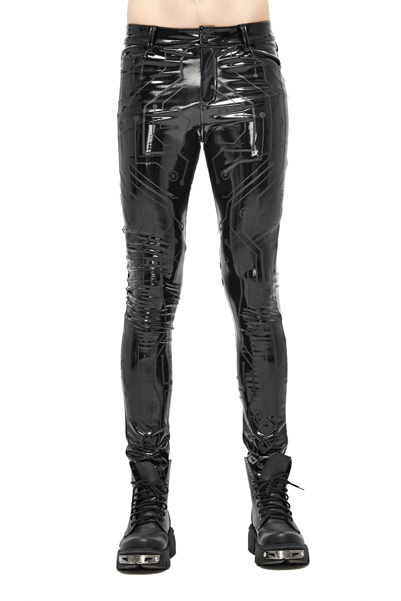 Men's black PU leather skinny pants with cyberpunk design, featuring a tight fit and stylish print.
