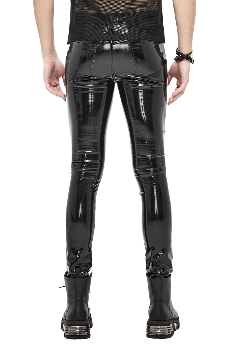 Stylish men's black PU leather skinny pants viewed from the back, highlighting the sleek cyberpunk design.