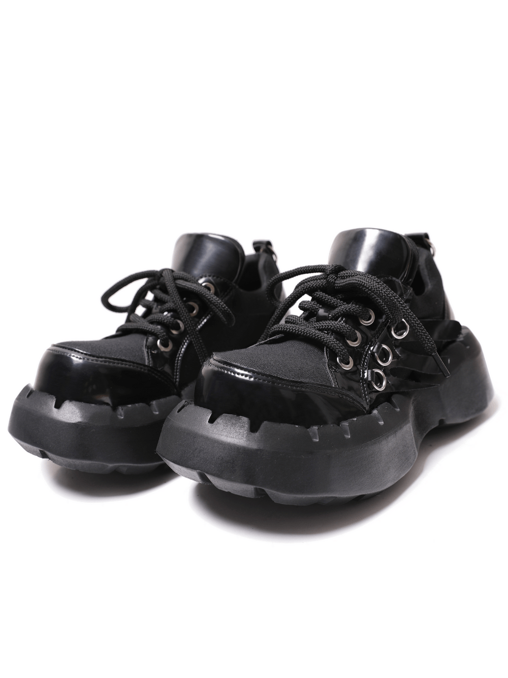 Men's Black Chunky Sole Lace-Up Platform Sneakers with glossy patent and thick sole for a punk streetwear style.