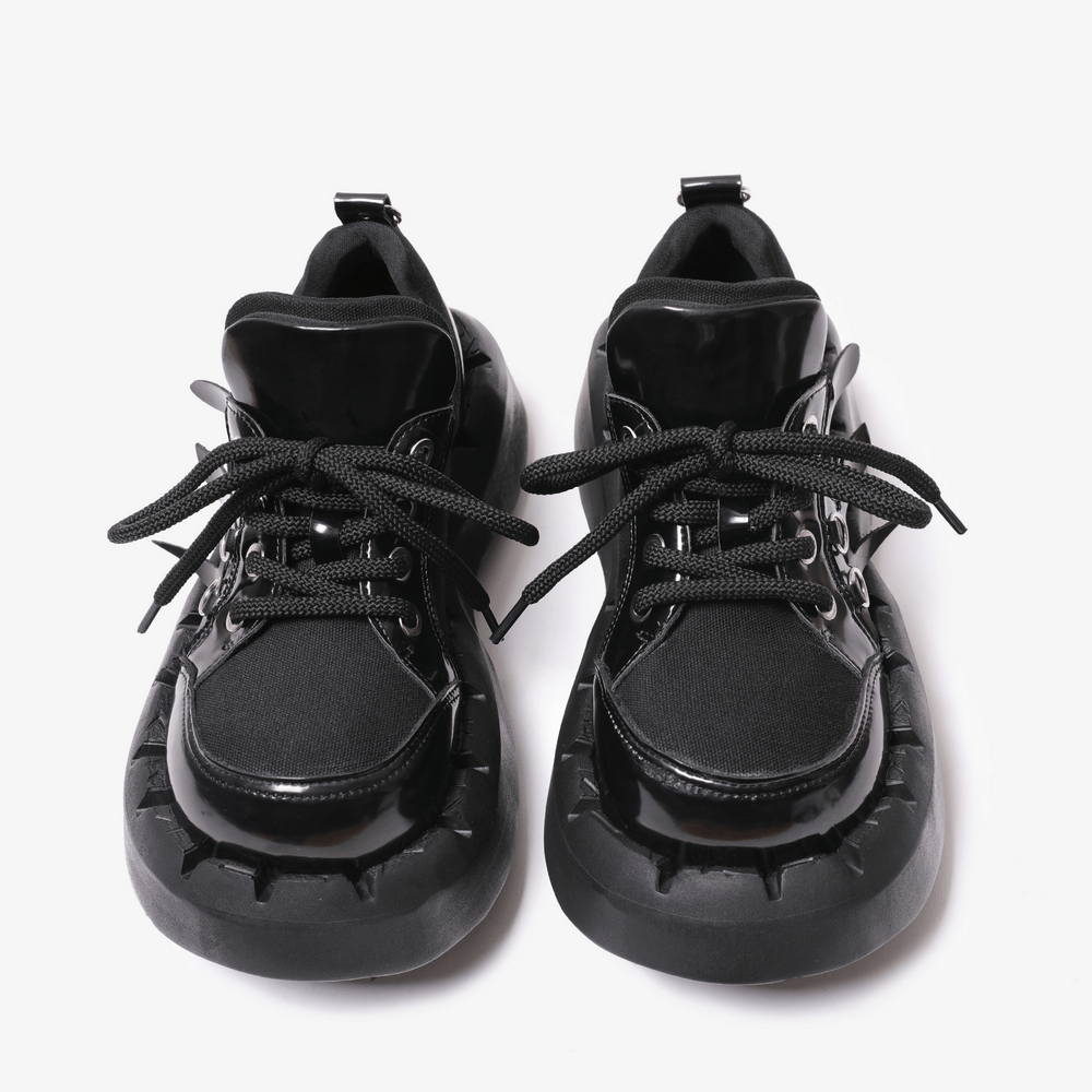 Men's Black Chunky Sole Lace-Up Platform Sneakers with glossy patent and textured fabric panels.