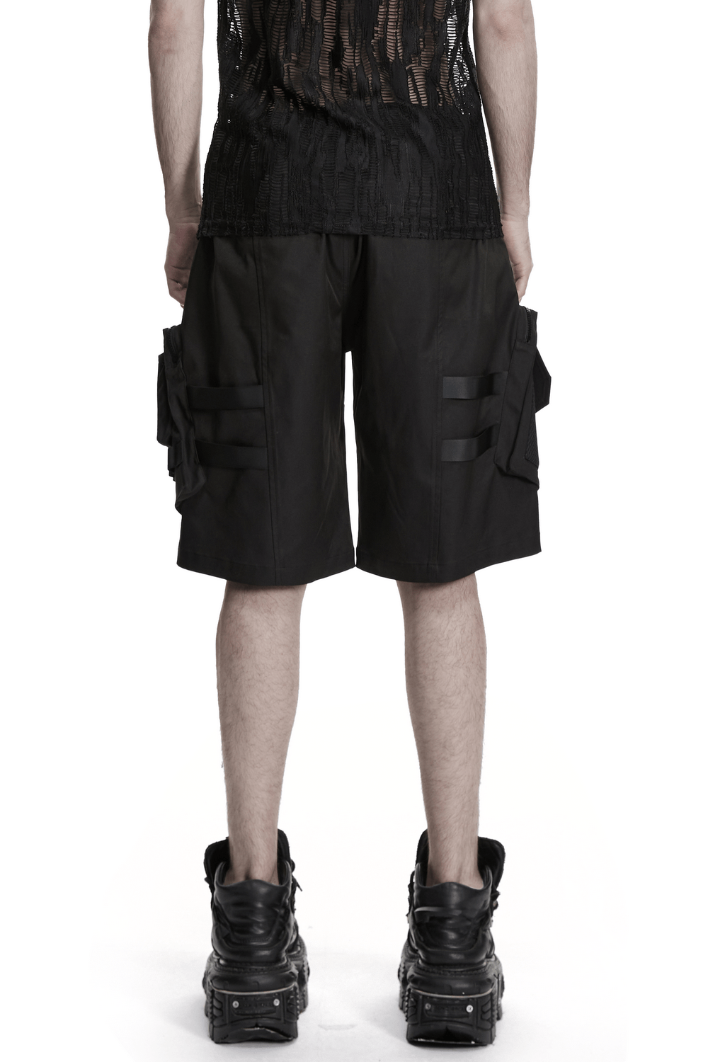 Men's Black Cyberpunk Cargo Shorts with Buckle Straps
