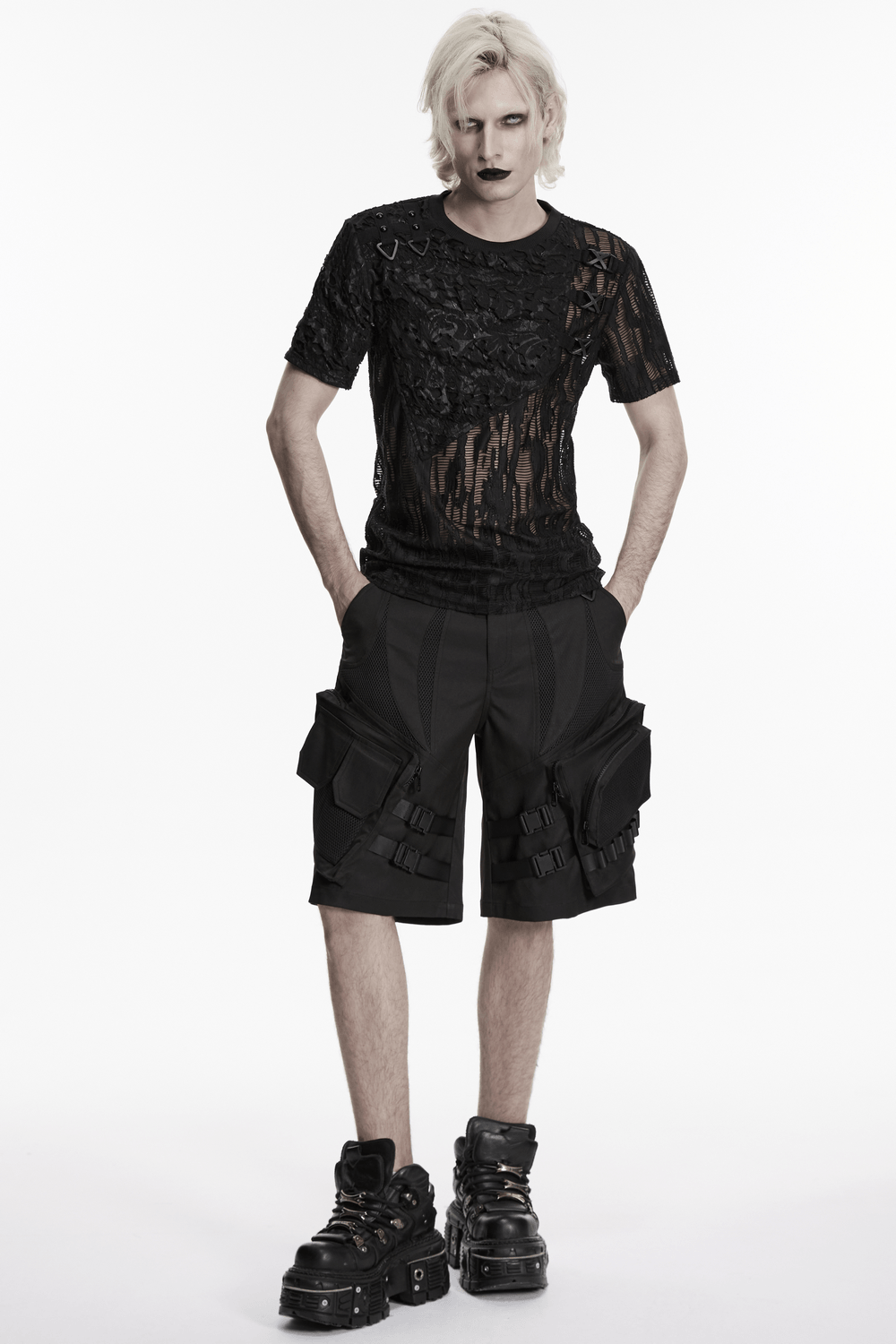 Men's Black Cyberpunk Cargo Shorts with Buckle Straps
