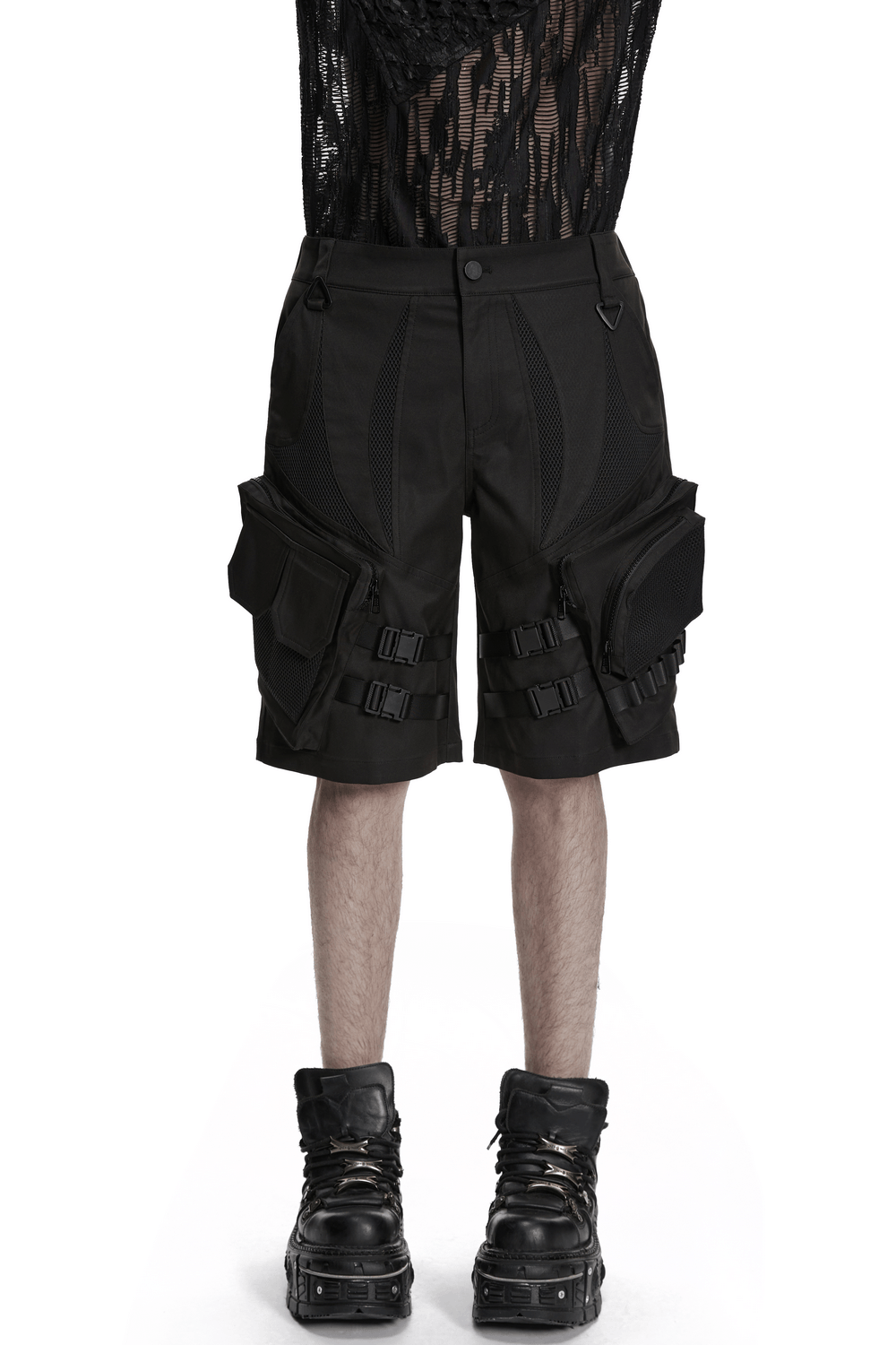 Men's Black Cyberpunk Cargo Shorts with Buckle Straps