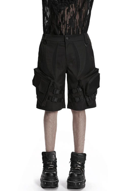Schwarze Cyberpunk-Cargo-Shorts für Herren mit Schnallengurten