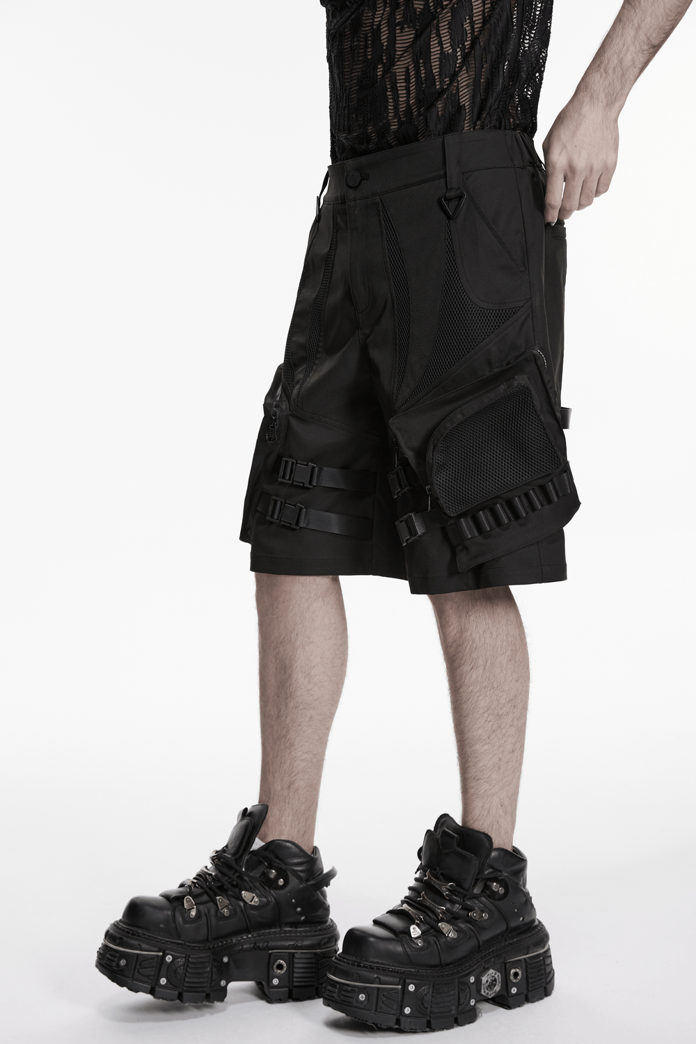 Men's Black Cyberpunk Cargo Shorts with Buckle Straps
