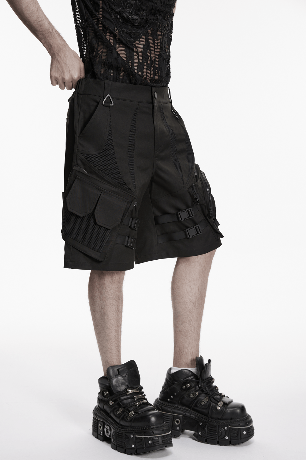 Men's Black Cyberpunk Cargo Shorts with Buckle Straps