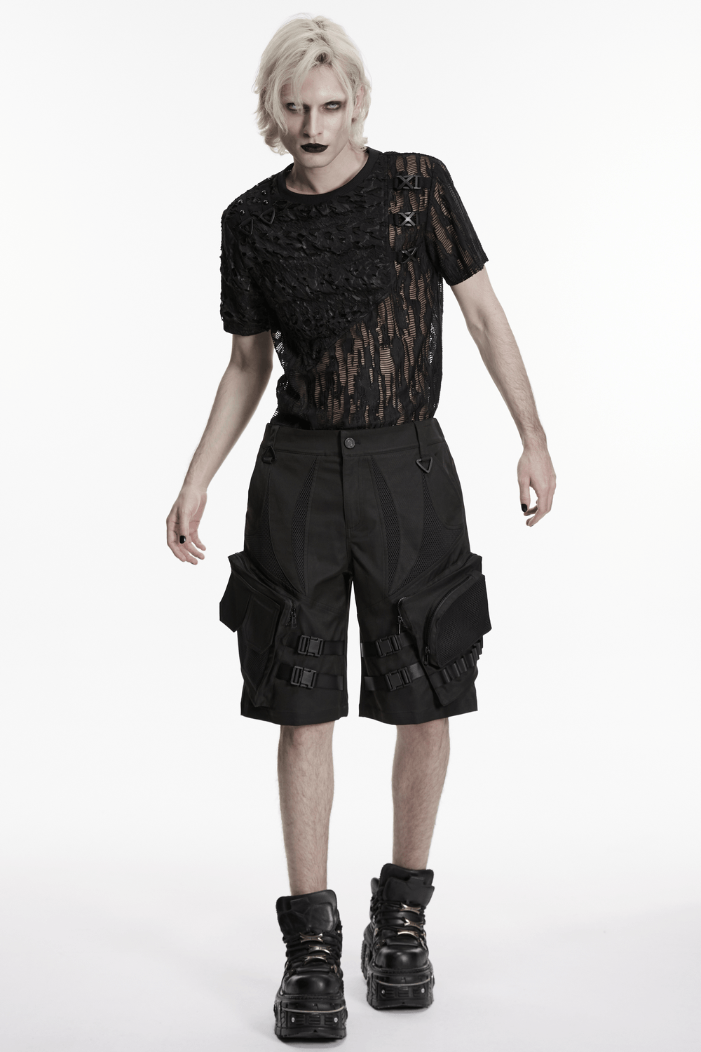 Men's Black Cyberpunk Cargo Shorts with Buckle Straps