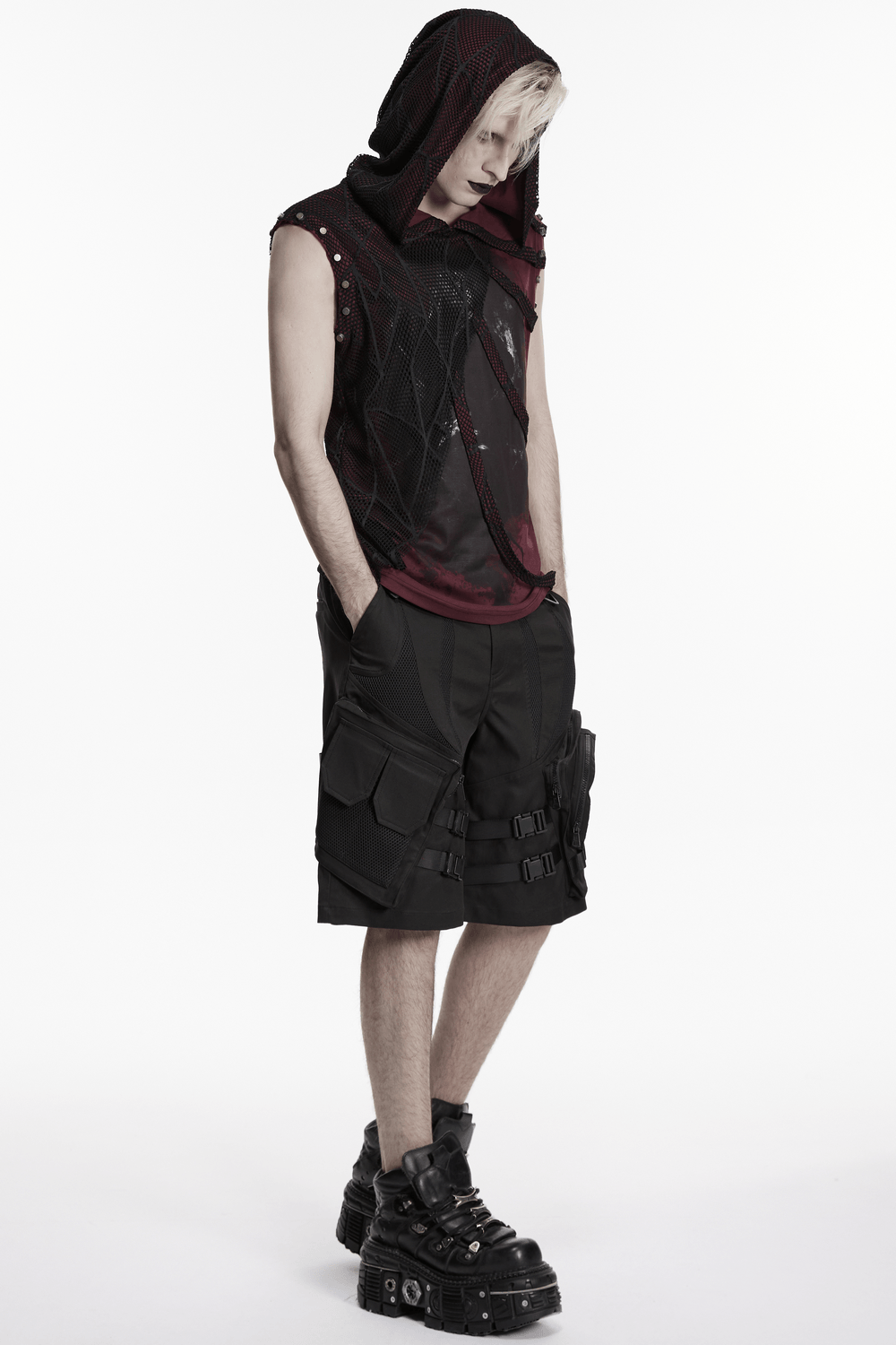 Men's Black Cyberpunk Cargo Shorts with Buckle Straps