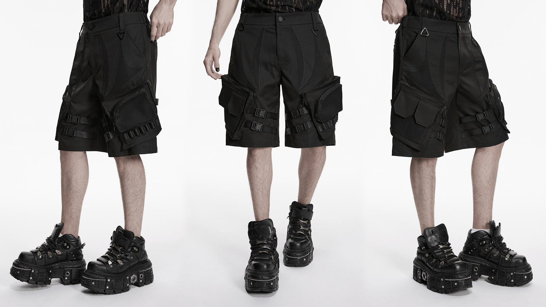 Men's Black Cyberpunk Cargo Shorts with Buckle Straps