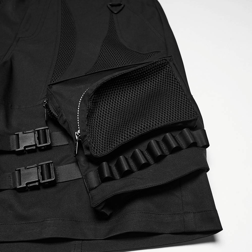 Men's Black Cyberpunk Cargo Shorts with Buckle Straps