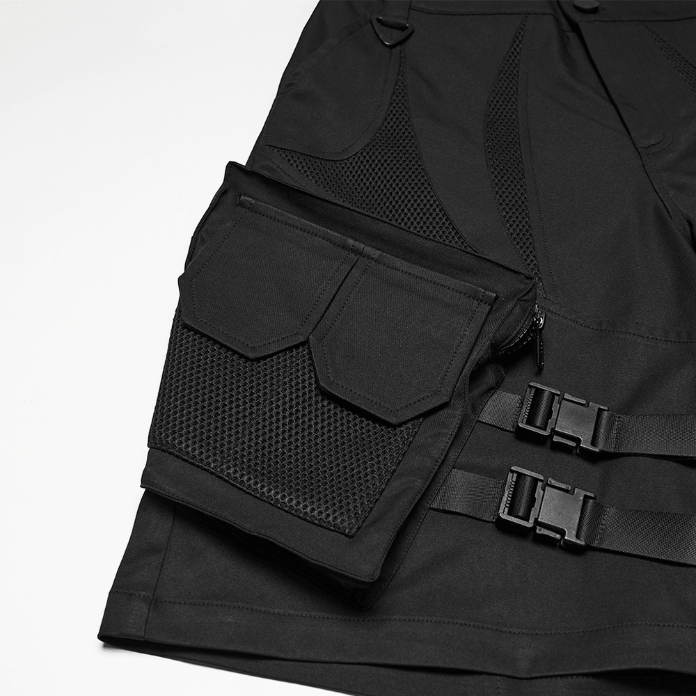 Men's Black Cyberpunk Cargo Shorts with Buckle Straps