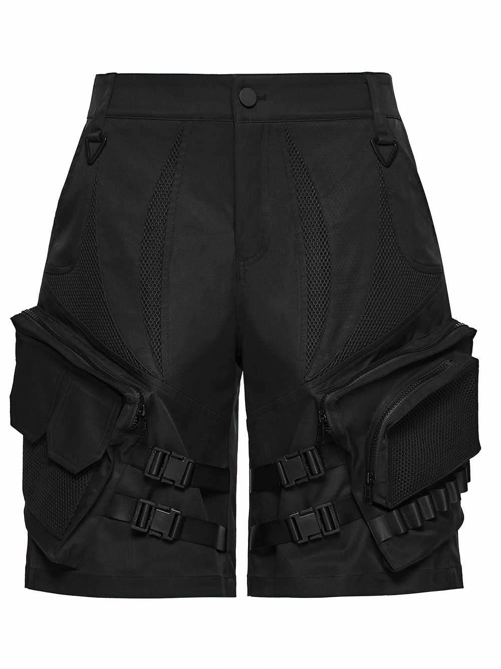 Men's Black Cyberpunk Cargo Shorts with Buckle Straps
