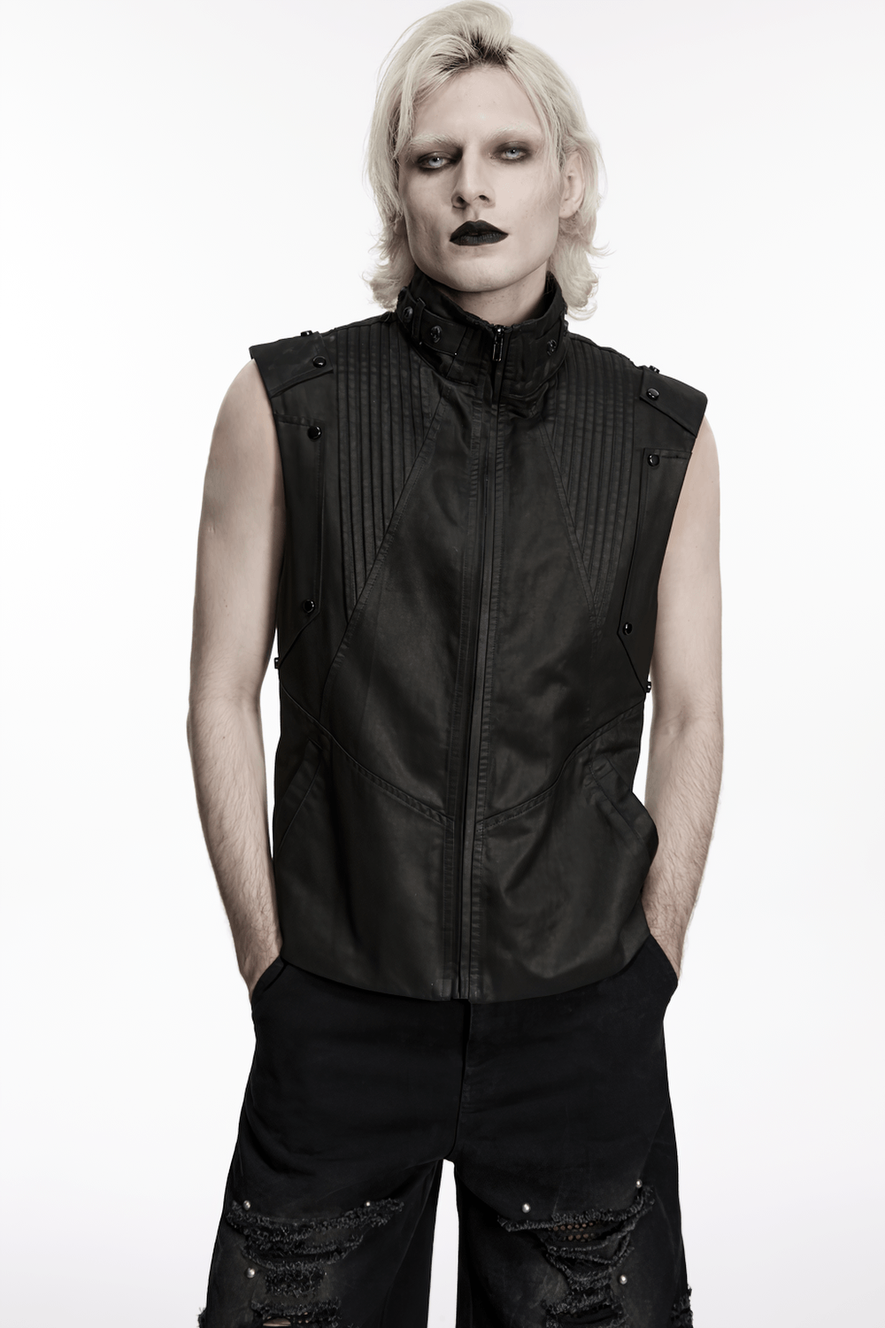 Men's Black Cyberpunk Sleeveless Stand Collar Vest