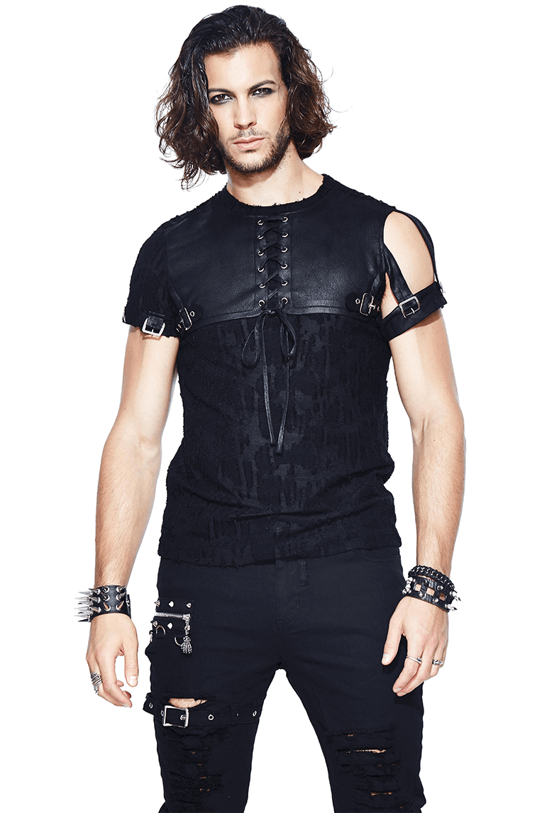 Men's Black Detachable Sleeves Top / Gothic T-Shirt with Leather Overlay / Alternative Clothing - HARD'N'HEAVY